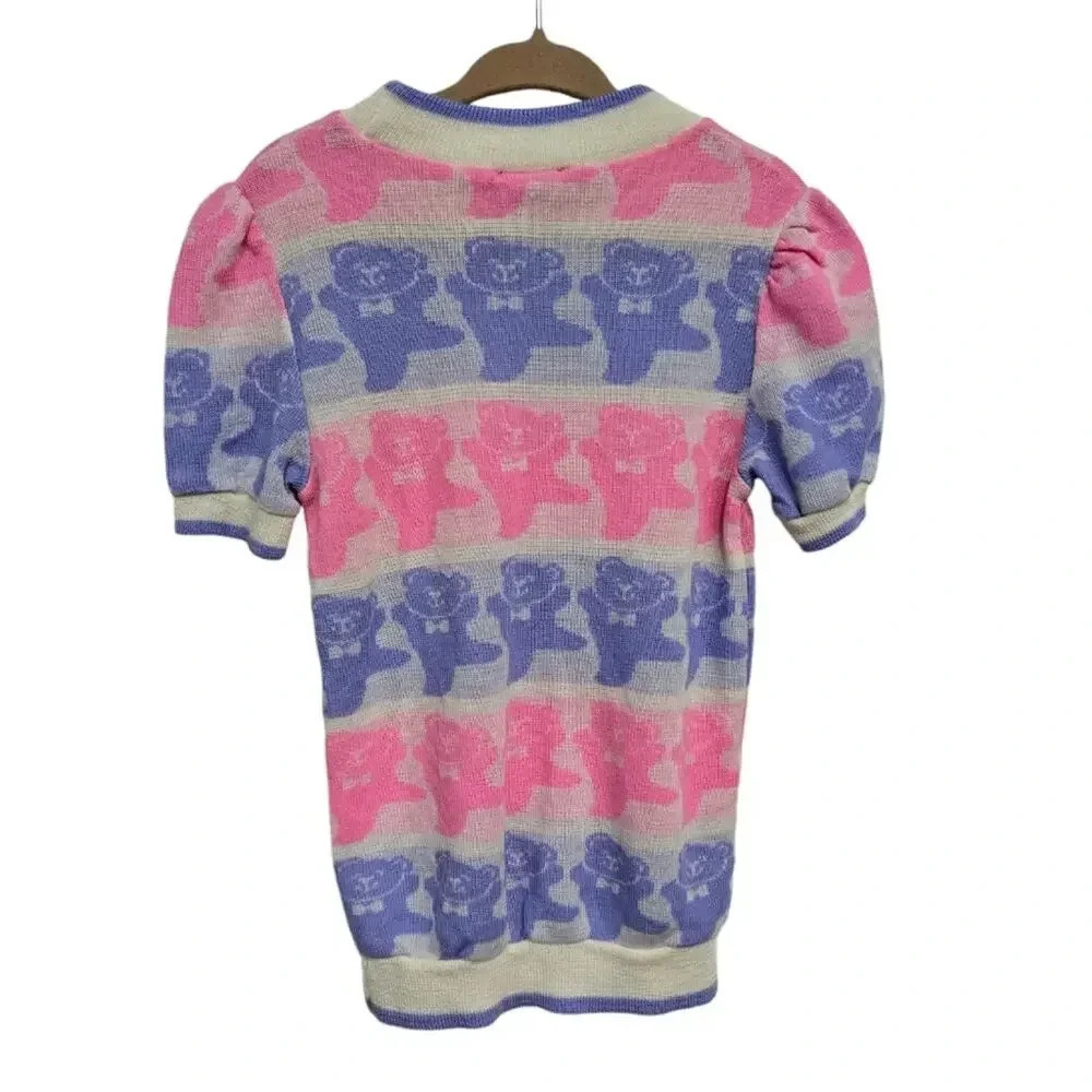 Vintage 1980s 1990s Bull Frog Pastel Bear Short Sleeve Knit Sweater 2T - Picture 2 of 5